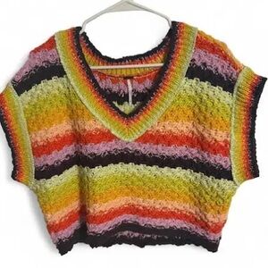 Free People Multicolor Striped V-Neck Sweater